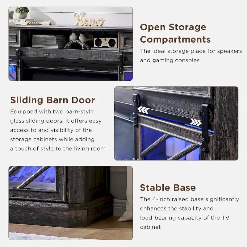Antique White Farmhouse TV Stand with Electric Fireplace Barn Doors Fits 85 Inch