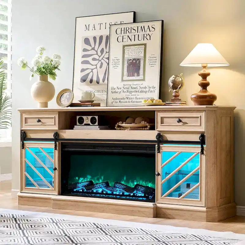 Antique White Farmhouse TV Stand with Electric Fireplace Barn Doors Fits 85 Inch