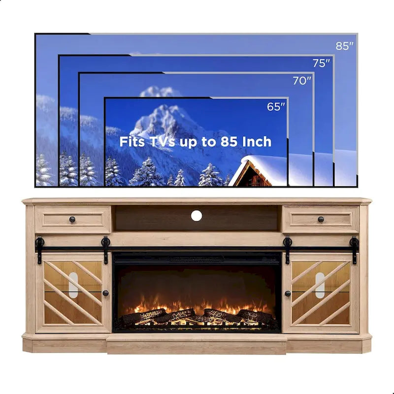 Antique White Farmhouse TV Stand with Electric Fireplace Barn Doors Fits 85 Inch