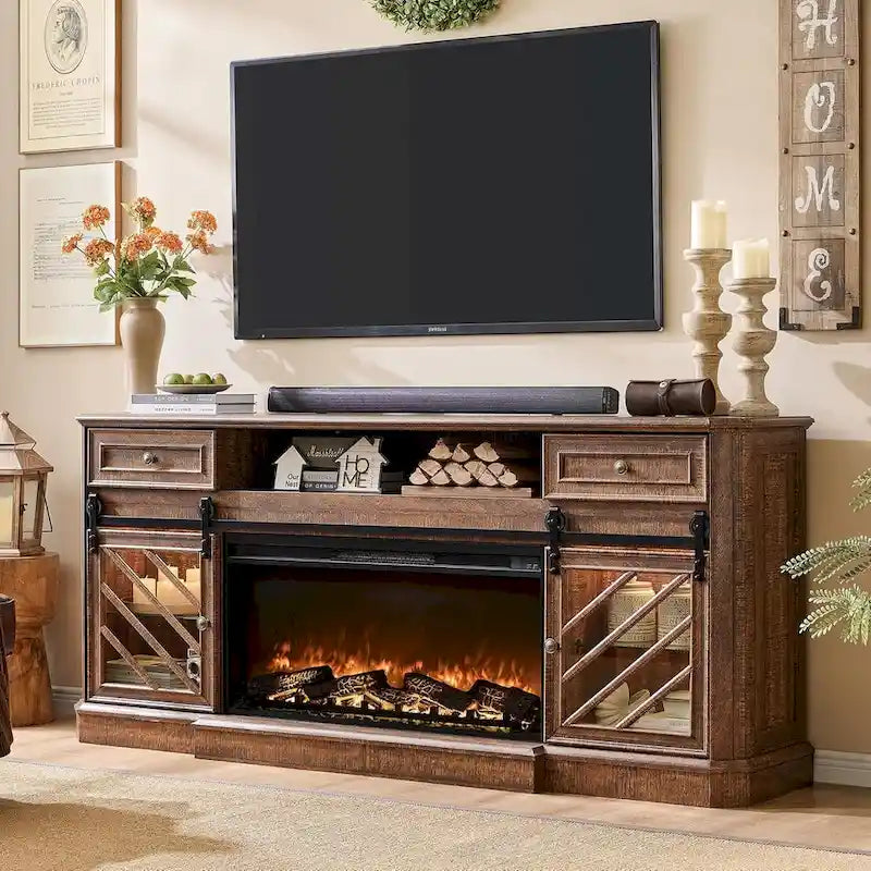 Antique White Farmhouse TV Stand with Electric Fireplace Barn Doors Fits 85 Inch