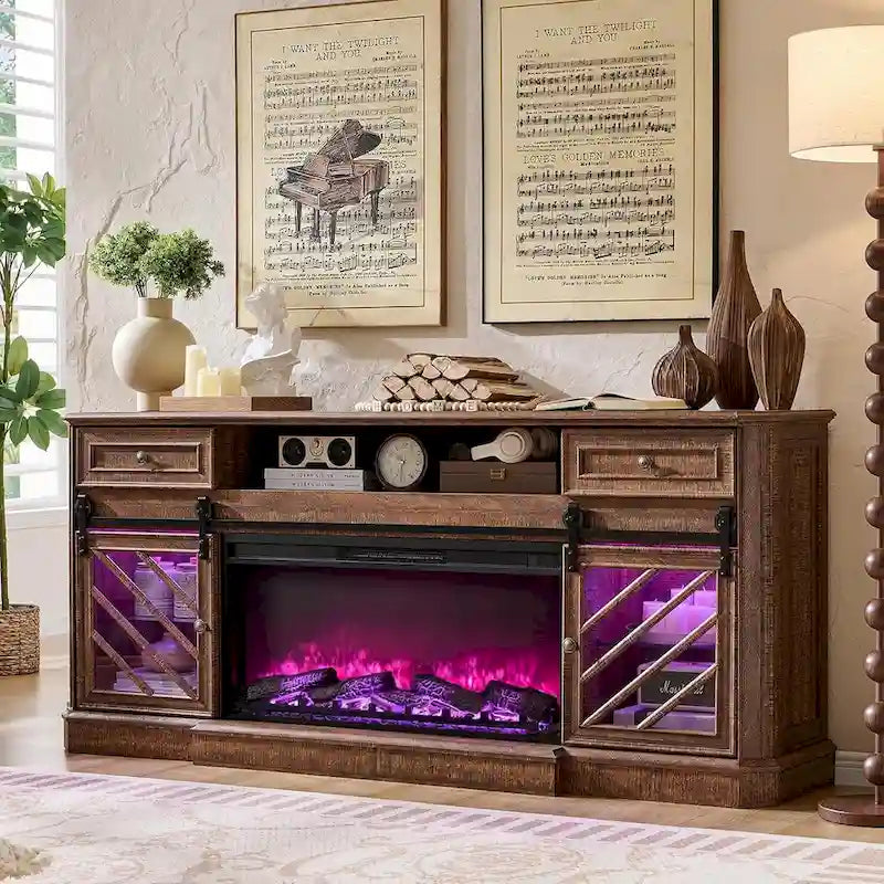 Antique White Farmhouse TV Stand with Electric Fireplace Barn Doors Fits 85 Inch