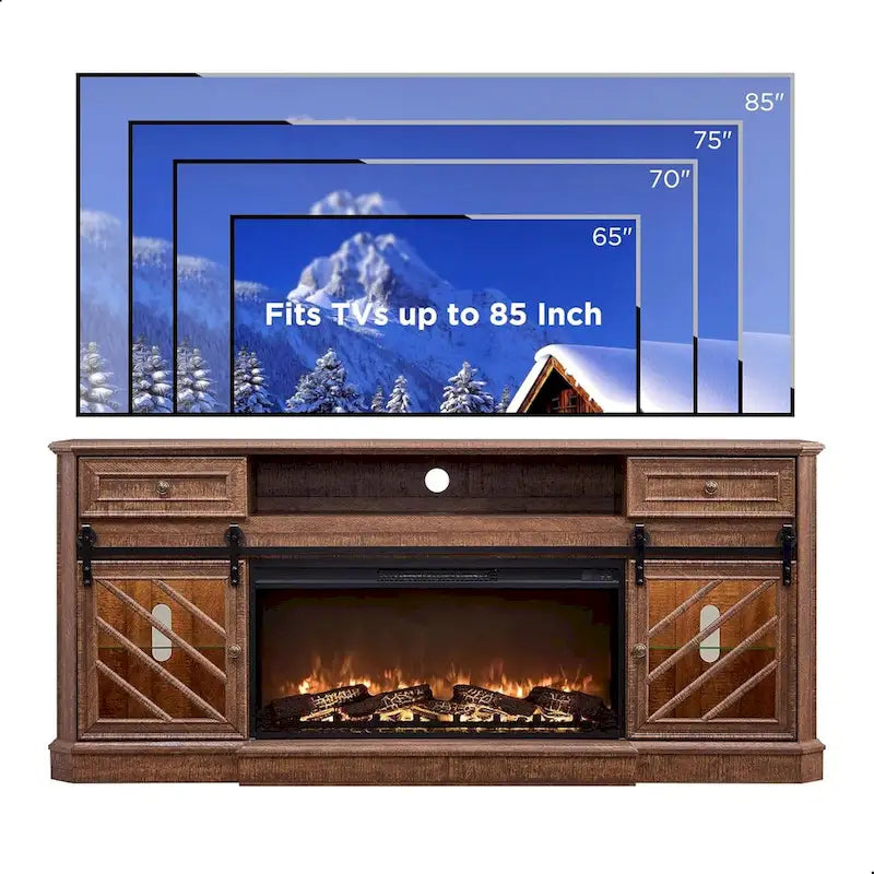 Antique White Farmhouse TV Stand with Electric Fireplace Barn Doors Fits 85 Inch