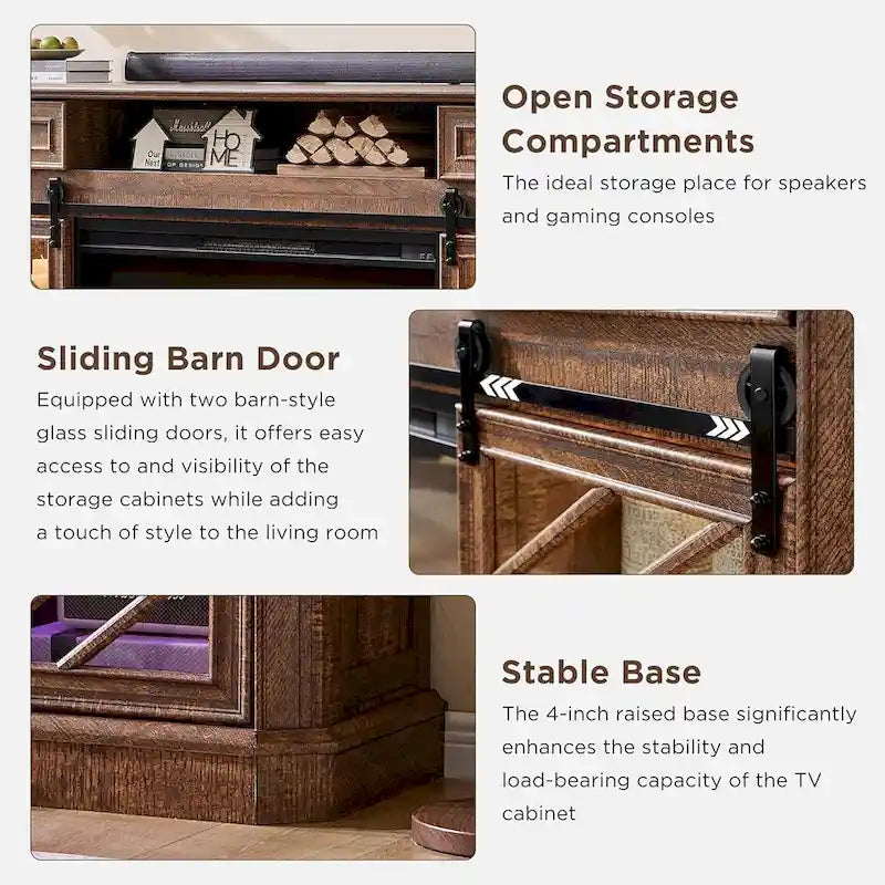 Antique White Farmhouse TV Stand with Electric Fireplace Barn Doors Fits 85 Inch