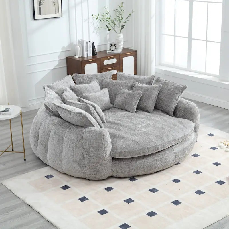 Beige Chenille Oversized Round Sofa Bed High Back Wrap-Around Seat with Pillows