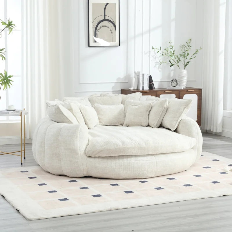 Beige Chenille Oversized Round Sofa Bed High Back Wrap-Around Seat with Pillows