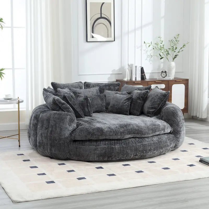 Beige Chenille Oversized Round Sofa Bed High Back Wrap-Around Seat with Pillows