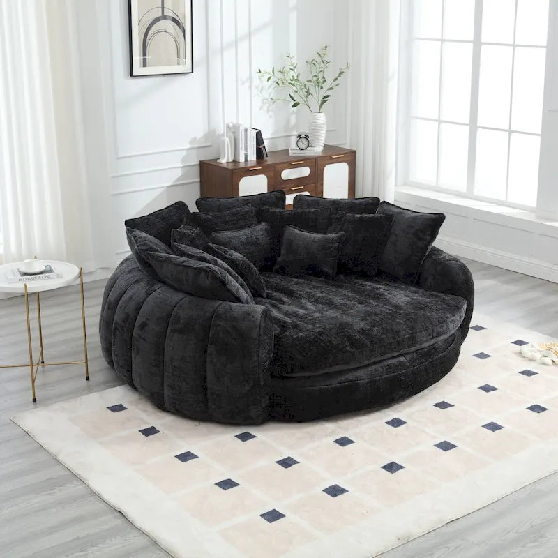 Beige Chenille Oversized Round Sofa Bed High Back Wrap-Around Seat with Pillows