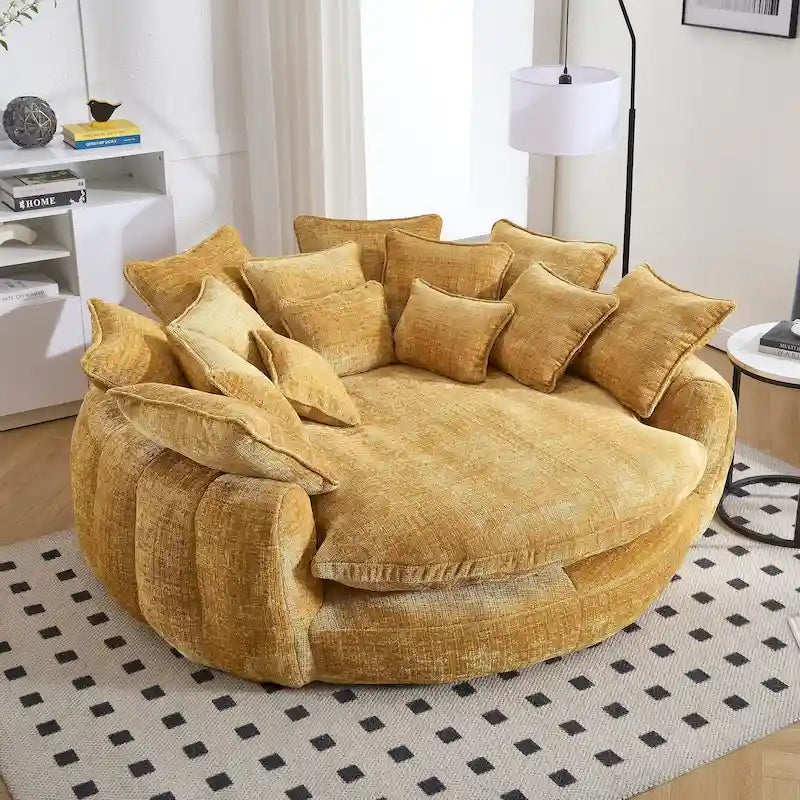 Beige Chenille Oversized Round Sofa Bed High Back Wrap-Around Seat with Pillows