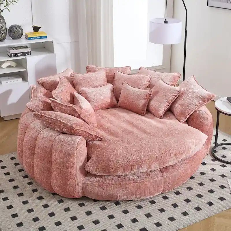 Beige Chenille Oversized Round Sofa Bed High Back Wrap-Around Seat with Pillows