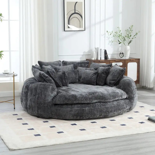 Beige Chenille Oversized Round Sofa Bed High Back Wrap-Around Seat with Pillows