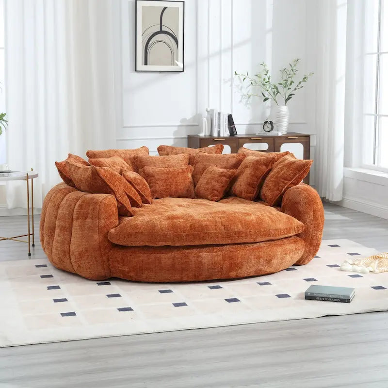 Beige Chenille Oversized Round Sofa Bed High Back Wrap-Around Seat with Pillows