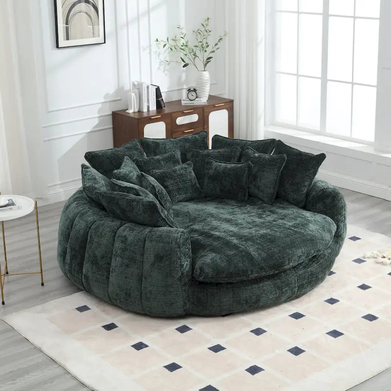 Beige Chenille Oversized Round Sofa Bed High Back Wrap-Around Seat with Pillows