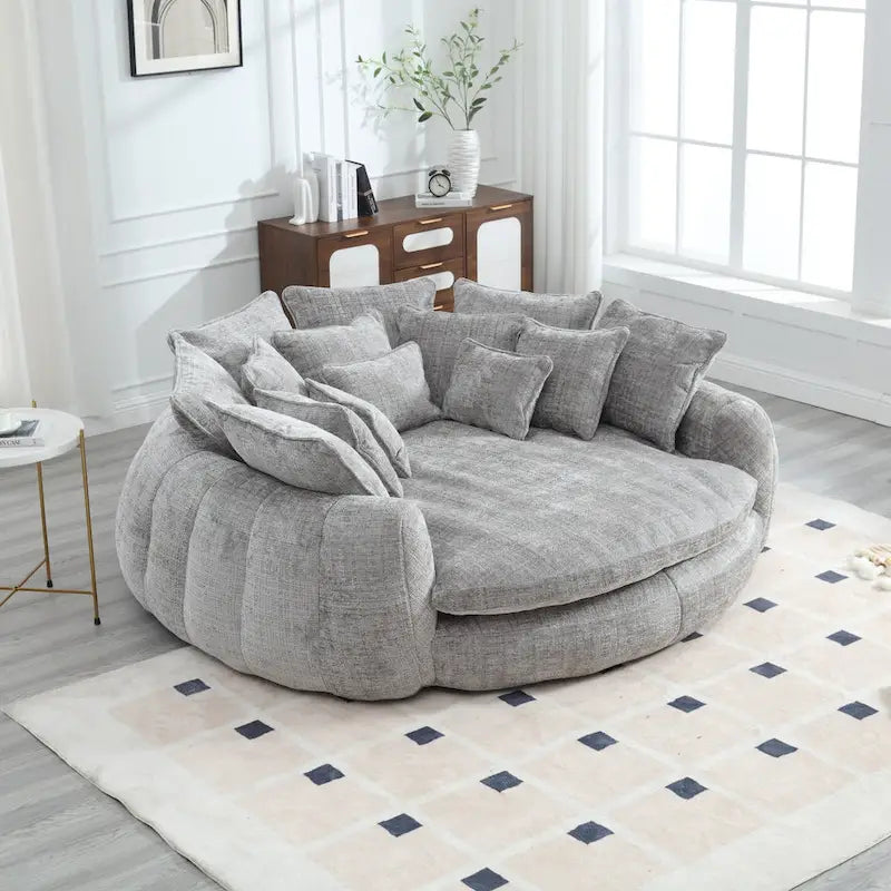 Beige Chenille Oversized Round Sofa Bed High Back Wrap-Around Seat with Pillows