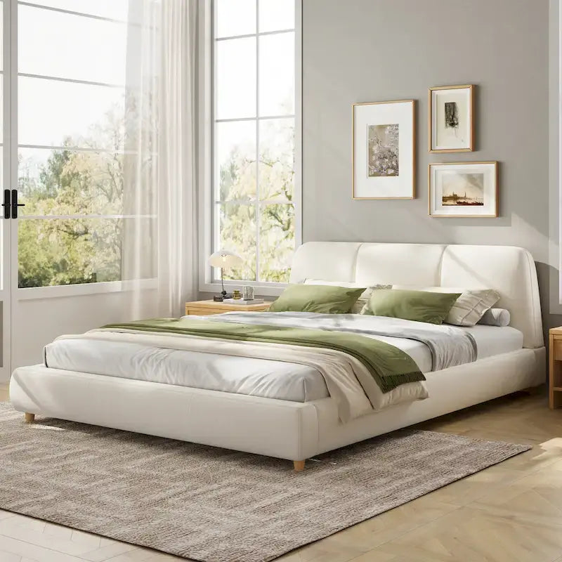 White Cotton Linen Platform Bed Frame Upholstered Curved Headboard 12 Slats No Box Spring