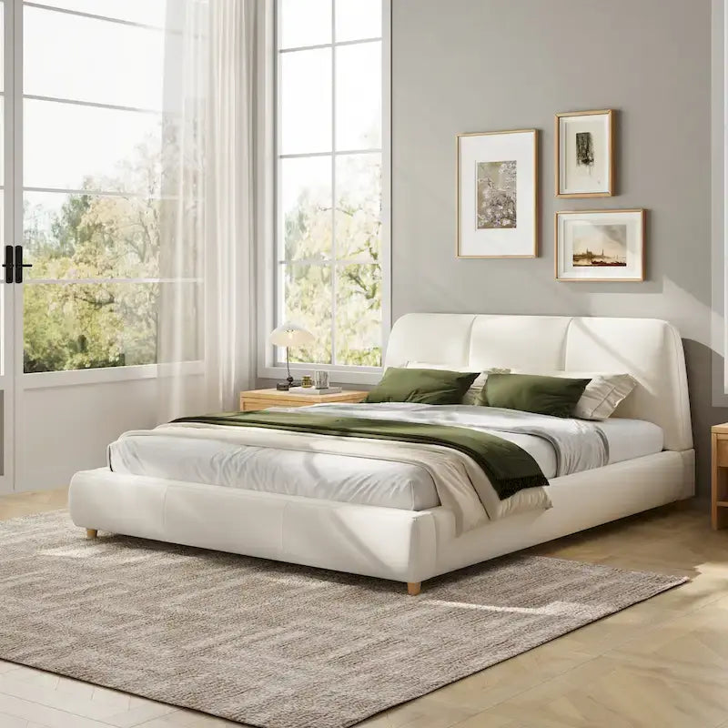 White Cotton Linen Platform Bed Frame Upholstered Curved Headboard 12 Slats No Box Spring