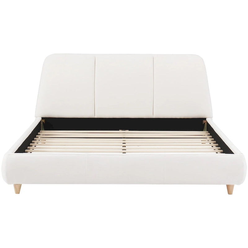 White Cotton Linen Platform Bed Frame Upholstered Curved Headboard 12 Slats No Box Spring