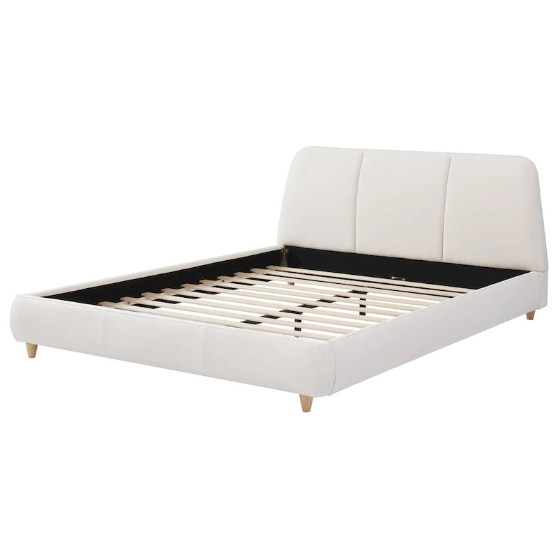 White Cotton Linen Platform Bed Frame Upholstered Curved Headboard 12 Slats No Box Spring