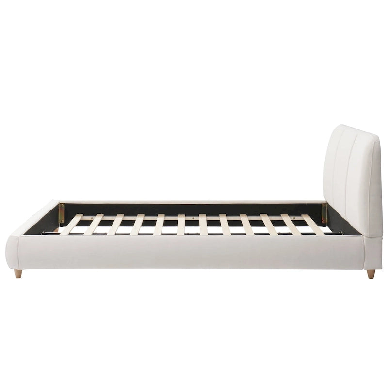 White Cotton Linen Platform Bed Frame Upholstered Curved Headboard 12 Slats No Box Spring