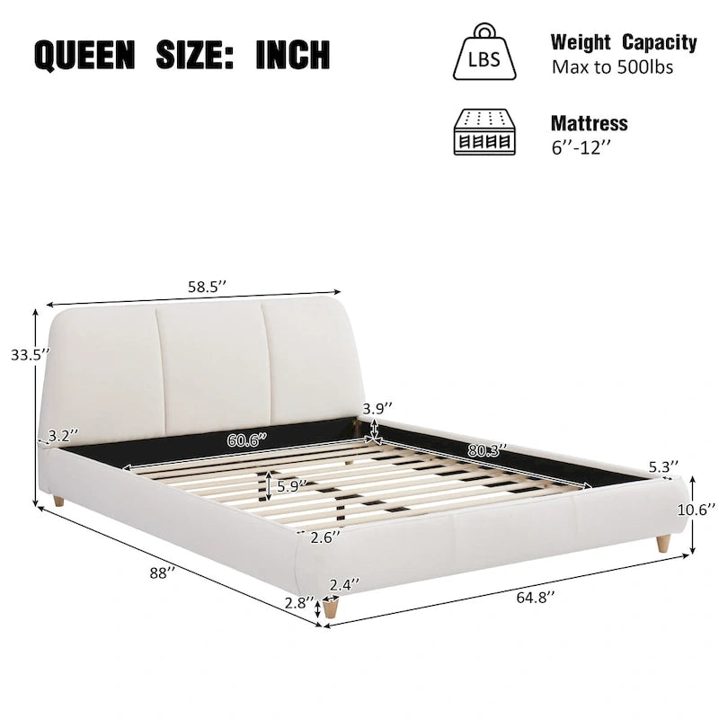 White Cotton Linen Platform Bed Frame Upholstered Curved Headboard 12 Slats No Box Spring