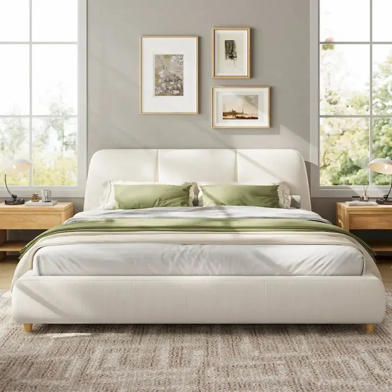 White Cotton Linen Platform Bed Frame Upholstered Curved Headboard 12 Slats No Box Spring