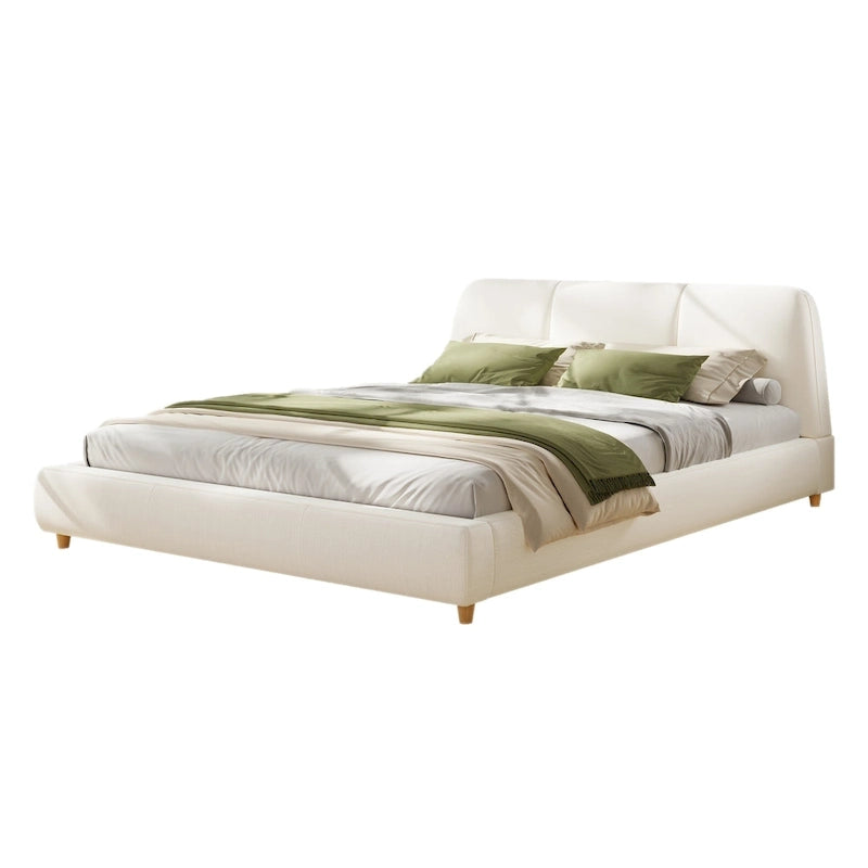 White Cotton Linen Platform Bed Frame Upholstered Curved Headboard 12 Slats No Box Spring