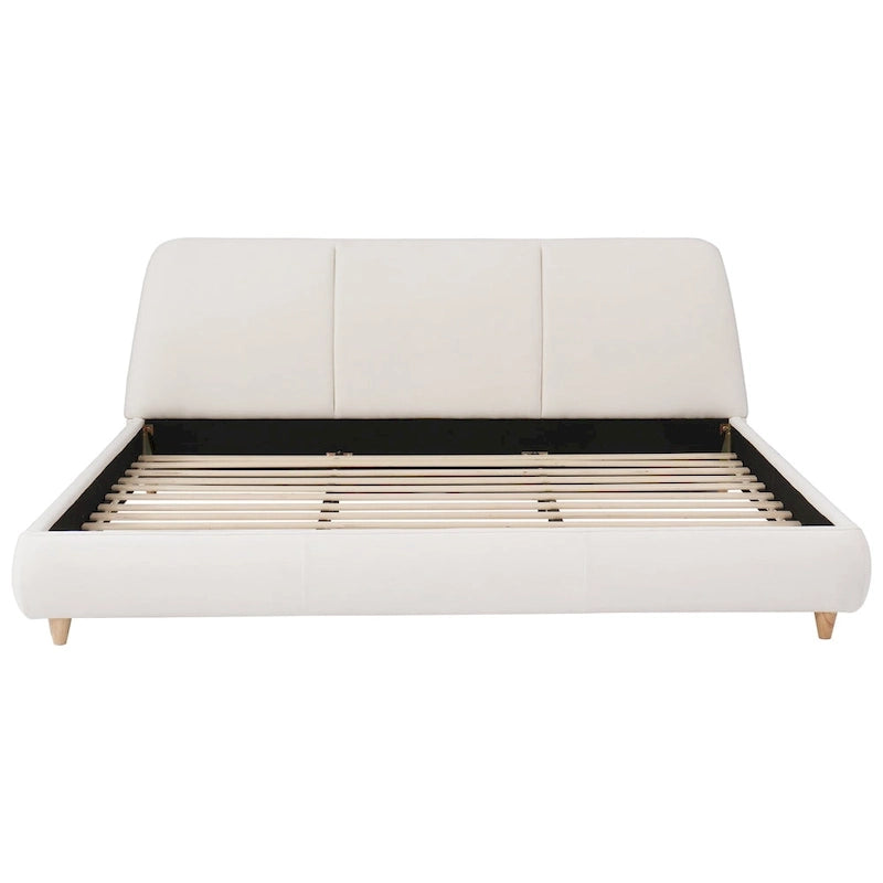 White Cotton Linen Platform Bed Frame Upholstered Curved Headboard 12 Slats No Box Spring