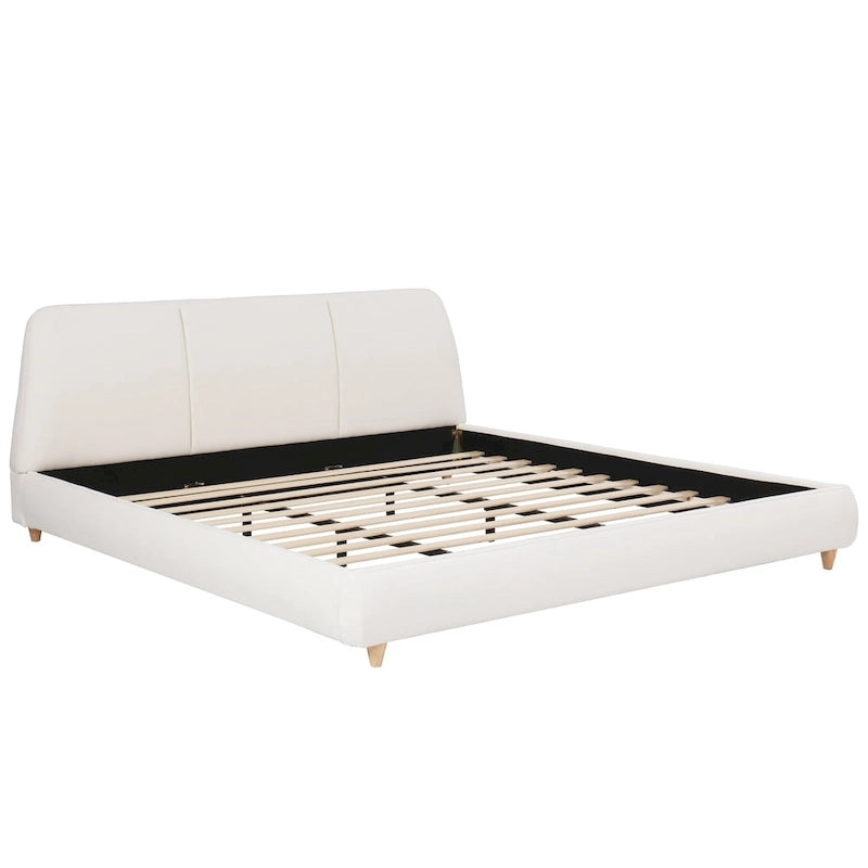 White Cotton Linen Platform Bed Frame Upholstered Curved Headboard 12 Slats No Box Spring