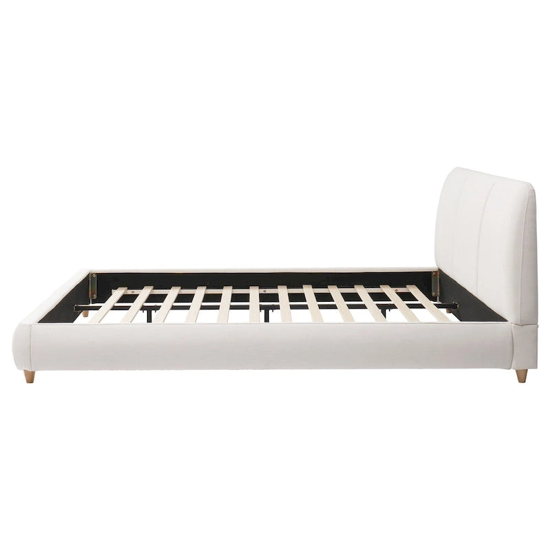 White Cotton Linen Platform Bed Frame Upholstered Curved Headboard 12 Slats No Box Spring