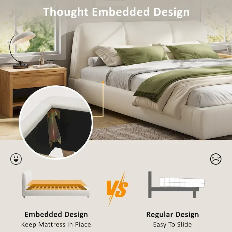 White Cotton Linen Platform Bed Frame Upholstered Curved Headboard 12 Slats No Box Spring
