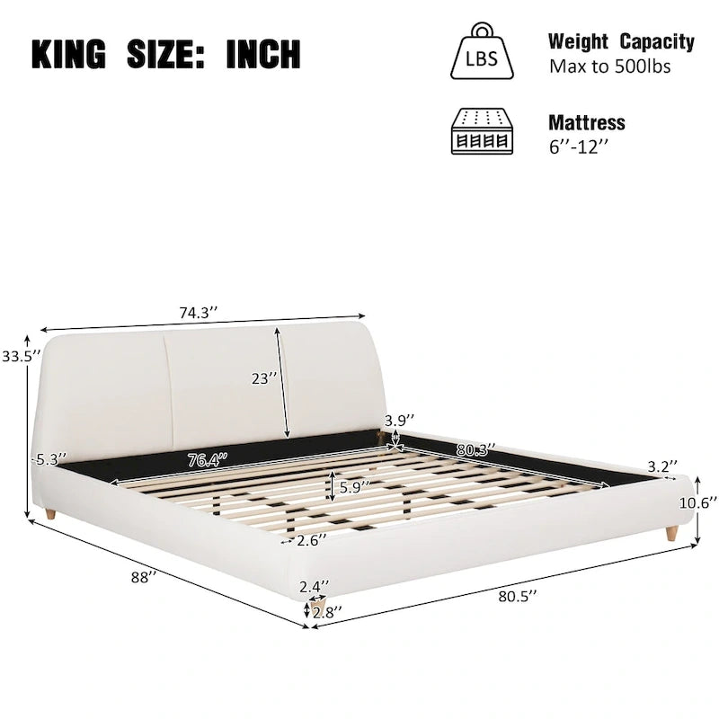 White Cotton Linen Platform Bed Frame Upholstered Curved Headboard 12 Slats No Box Spring