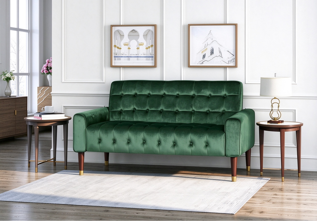 Mid-Century Velvet Button Tufted Loveseat Birch Tapered Legs Gold Accent
