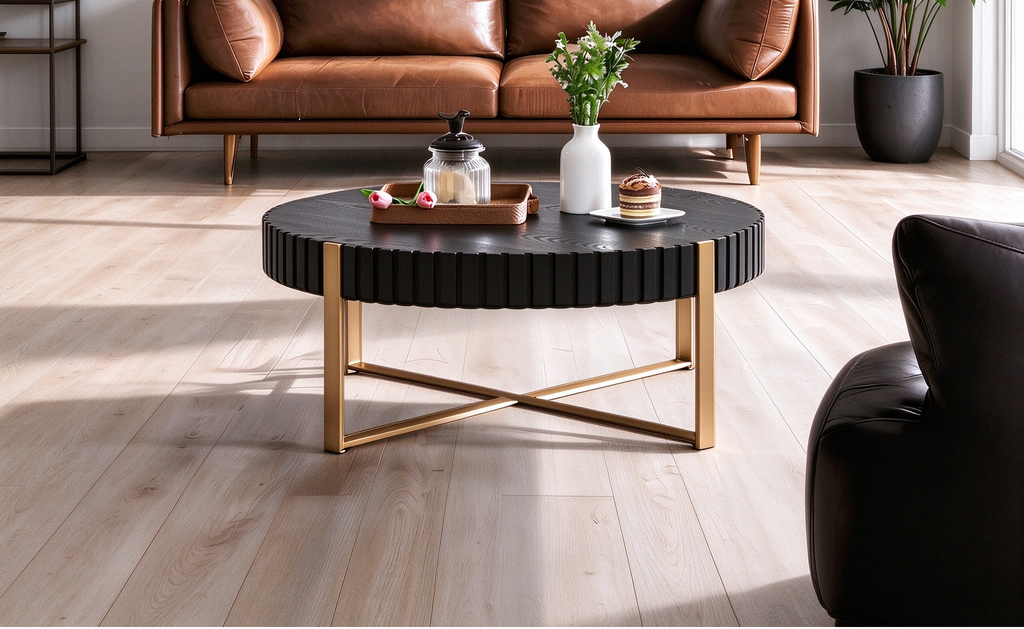 Black Round Coffee Table Fluted Apron Gold X-Frame Metal Legs MDF Top