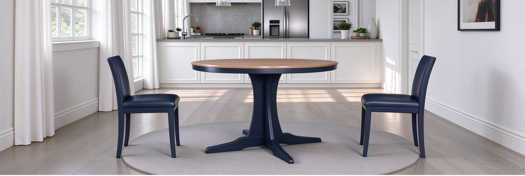 Round Brown Wood Top Dining Table Dark Blue Pedestal Base Seats 4