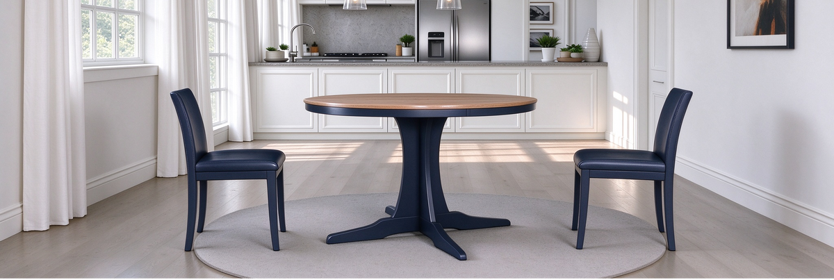 Round Brown Wood Top Dining Table Dark Blue Pedestal Base Seats 4
