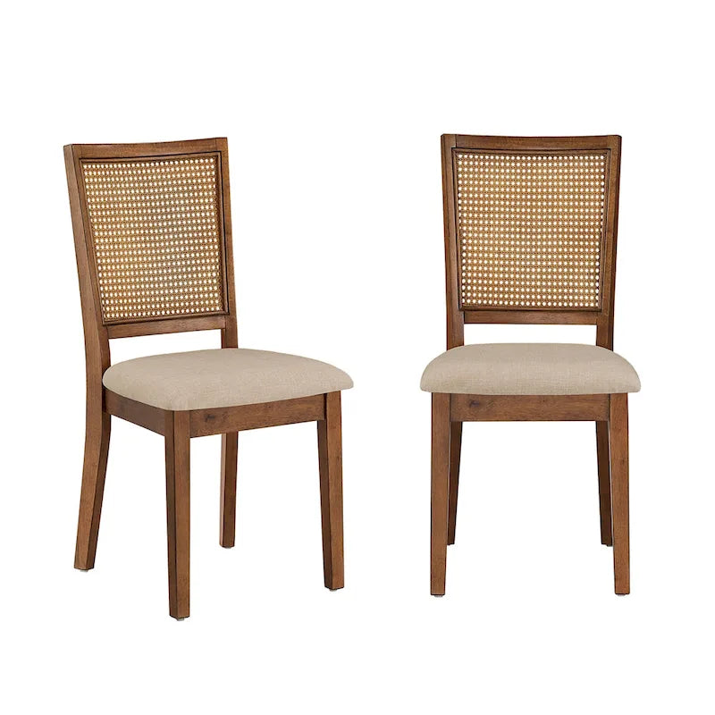 Walnut Brown Rattan Panel Back Dining Chairs Set of 2 Linen Seat Rubberwood Frame No Armrest