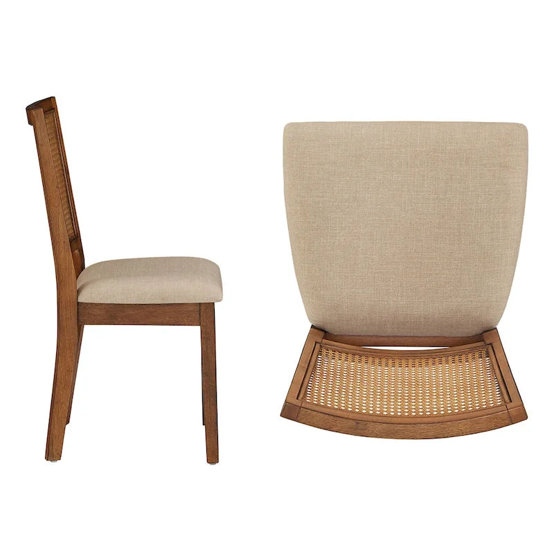 Walnut Brown Rattan Panel Back Dining Chairs Set of 2 Linen Seat Rubberwood Frame No Armrest