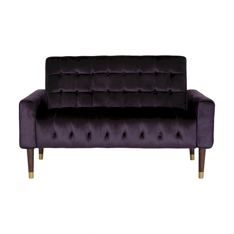 Mid-Century Velvet Button Tufted Loveseat Birch Tapered Legs Gold Accent