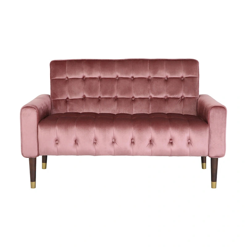 Mid-Century Velvet Button Tufted Loveseat Birch Tapered Legs Gold Accent