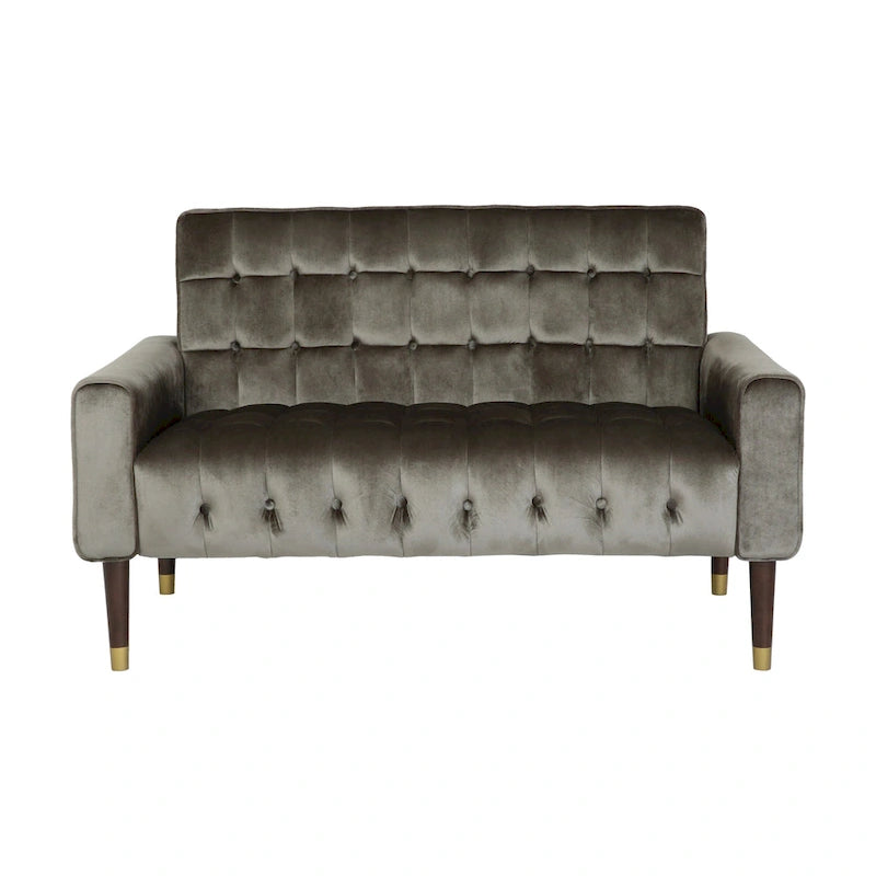 Mid-Century Velvet Button Tufted Loveseat Birch Tapered Legs Gold Accent