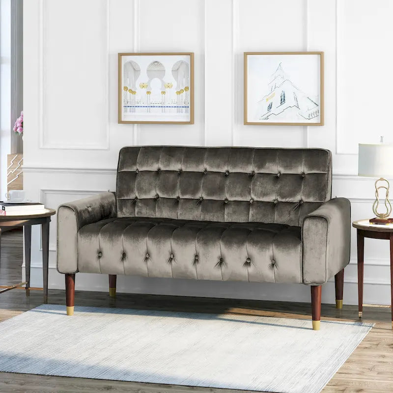 Mid-Century Velvet Button Tufted Loveseat Birch Tapered Legs Gold Accent