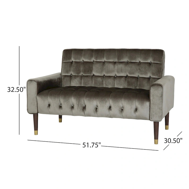 Mid-Century Velvet Button Tufted Loveseat Birch Tapered Legs Gold Accent