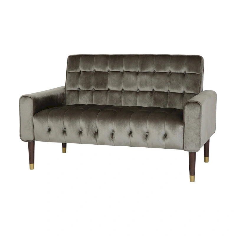 Mid-Century Velvet Button Tufted Loveseat Birch Tapered Legs Gold Accent