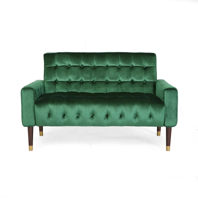 Mid-Century Velvet Button Tufted Loveseat Birch Tapered Legs Gold Accent