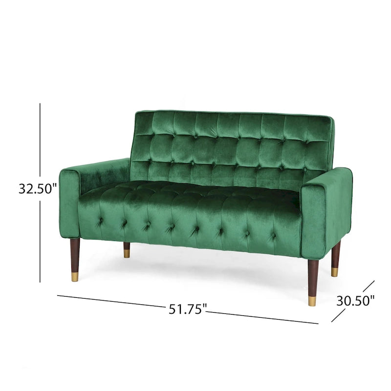 Mid-Century Velvet Button Tufted Loveseat Birch Tapered Legs Gold Accent