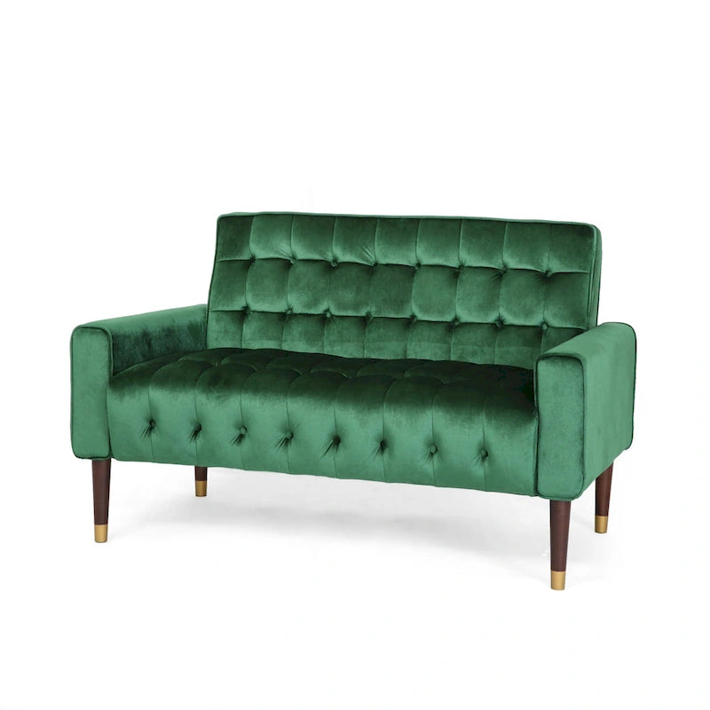 Mid-Century Velvet Button Tufted Loveseat Birch Tapered Legs Gold Accent