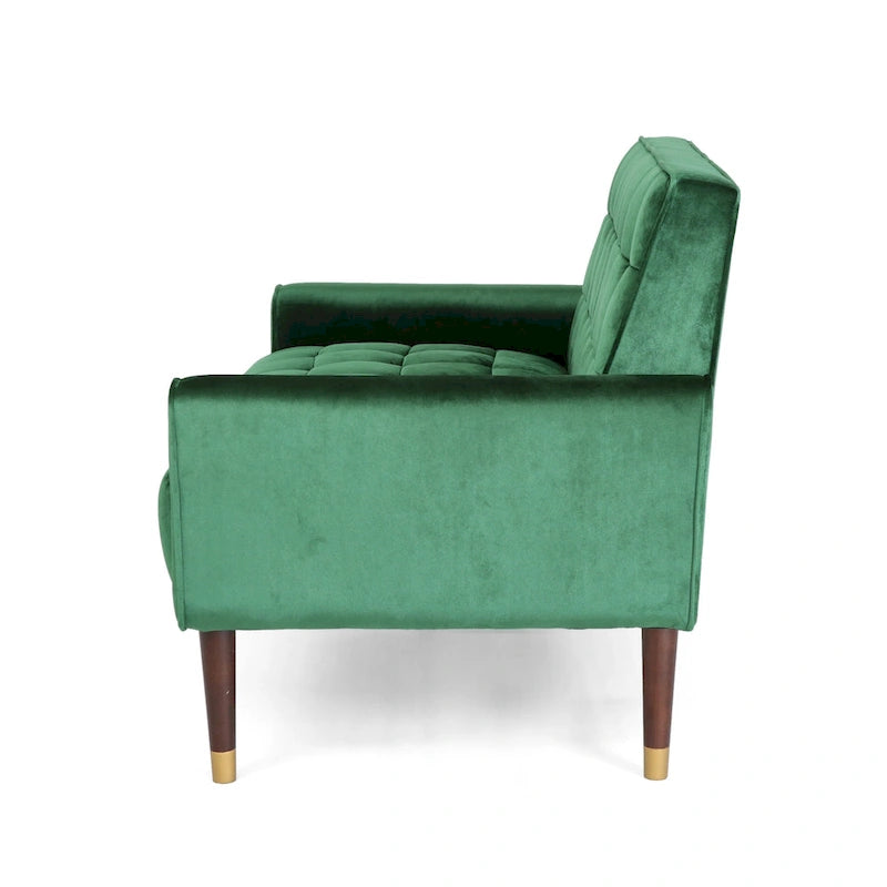Mid-Century Velvet Button Tufted Loveseat Birch Tapered Legs Gold Accent