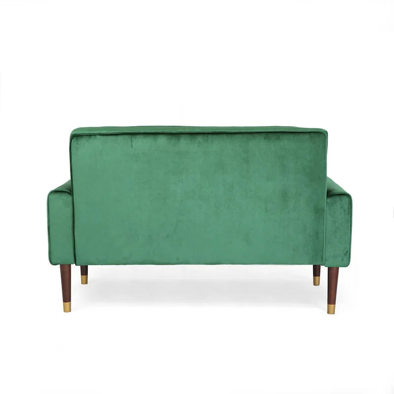 Mid-Century Velvet Button Tufted Loveseat Birch Tapered Legs Gold Accent