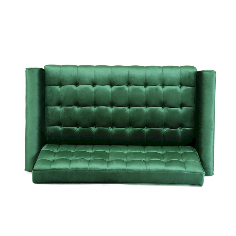 Mid-Century Velvet Button Tufted Loveseat Birch Tapered Legs Gold Accent