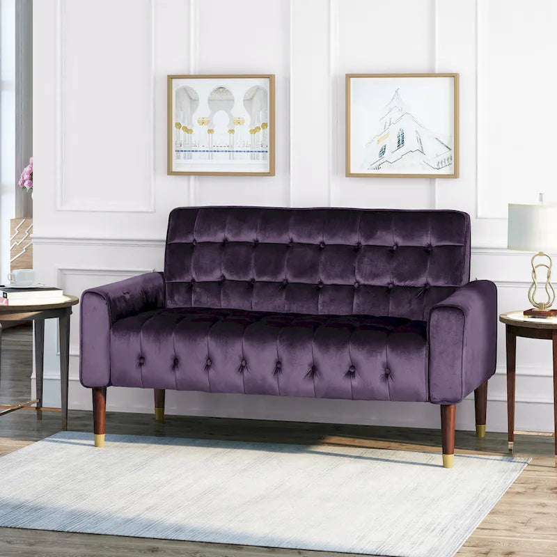 Mid-Century Velvet Button Tufted Loveseat Birch Tapered Legs Gold Accent