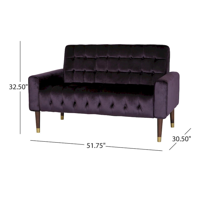 Mid-Century Velvet Button Tufted Loveseat Birch Tapered Legs Gold Accent